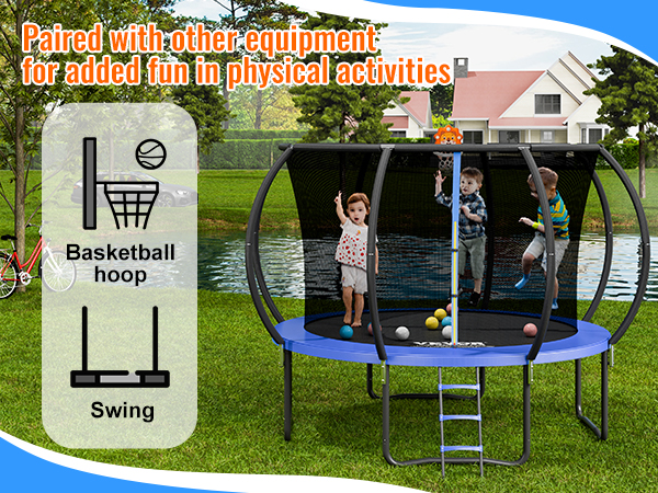 kids enjoying a VEVOR trampoline with basketball hoop by a pond, promoting outdoor fun and physical activities.
