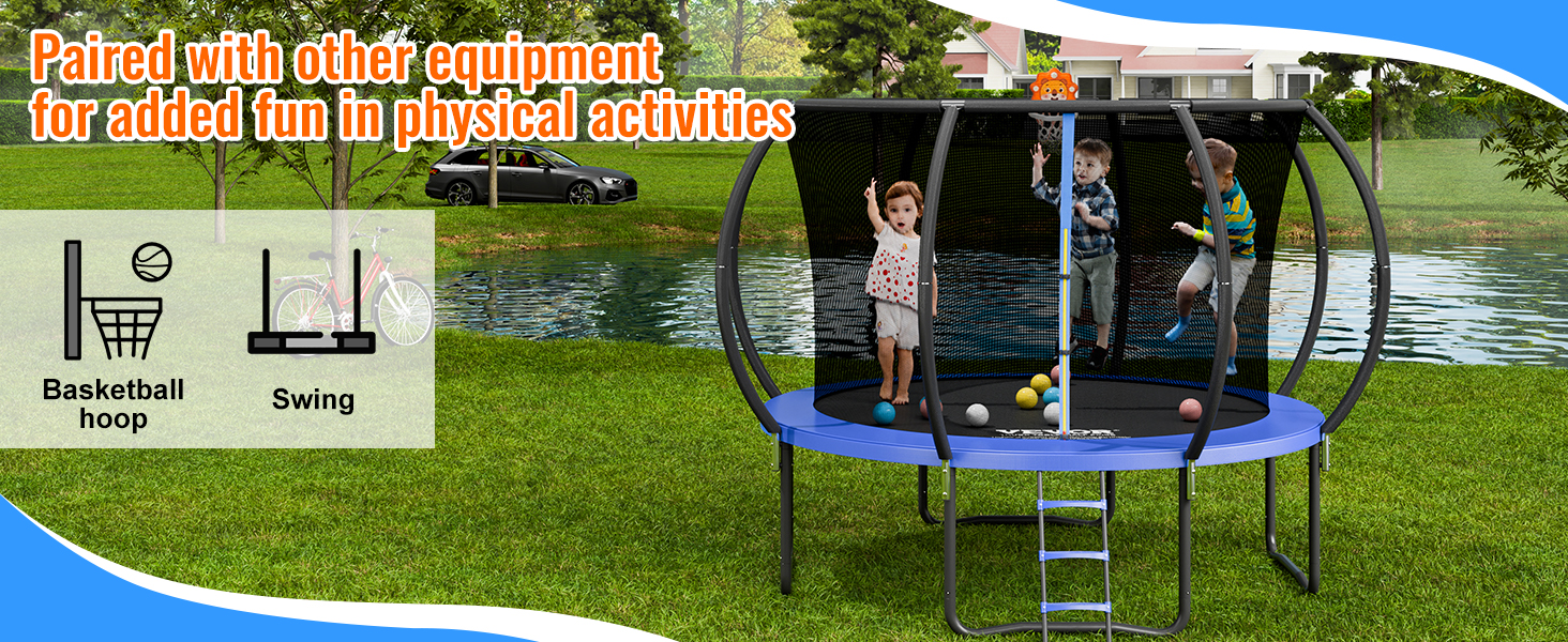 kids enjoying a VEVOR trampoline with basketball hoop by a pond, promoting outdoor fun and physical activities.