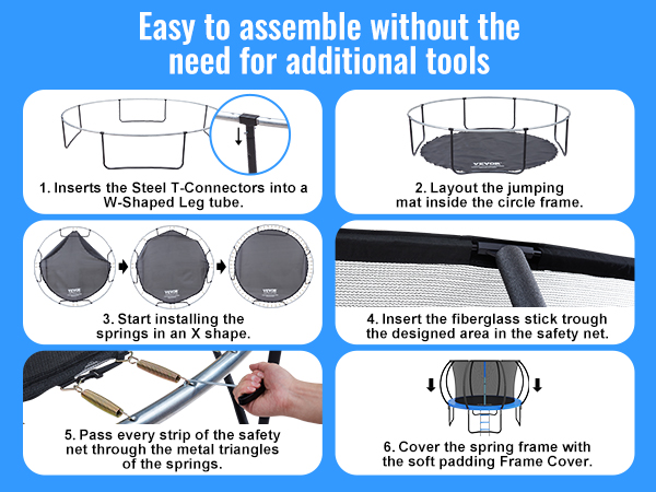 step-by-step assembly guide for VEVOR trampoline with safety net and spring frame cover.