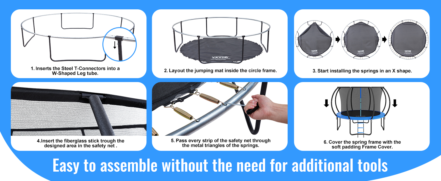 step-by-step assembly guide for VEVOR trampoline with safety net and spring frame cover.