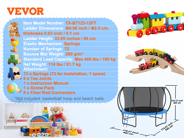 VEVOR trampoline specs: 12ft diameter, 33.85" ladder height, 72 springs, 400 lbs capacity, includes ladder and accessories.