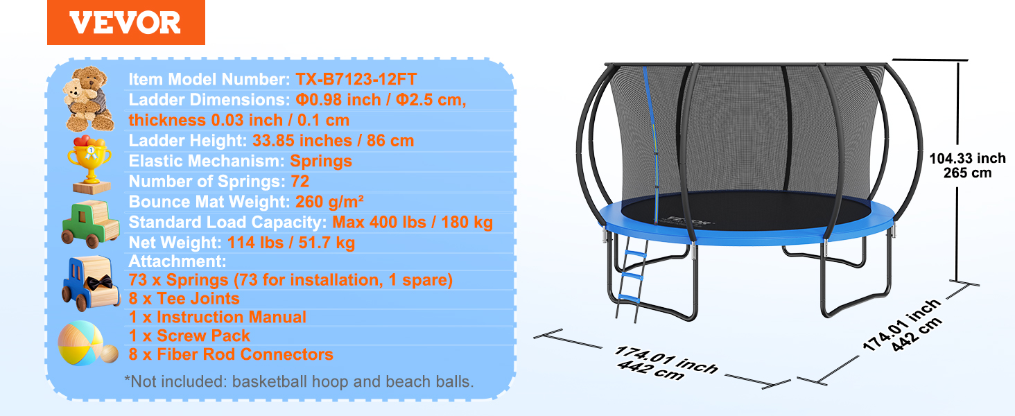VEVOR trampoline specs: 12ft diameter, 33.85" ladder height, 72 springs, 400 lbs capacity, includes ladder and accessories.