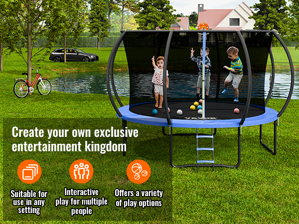 VEVOR trampoline in a backyard setting with children playing, showcasing multiple play options.