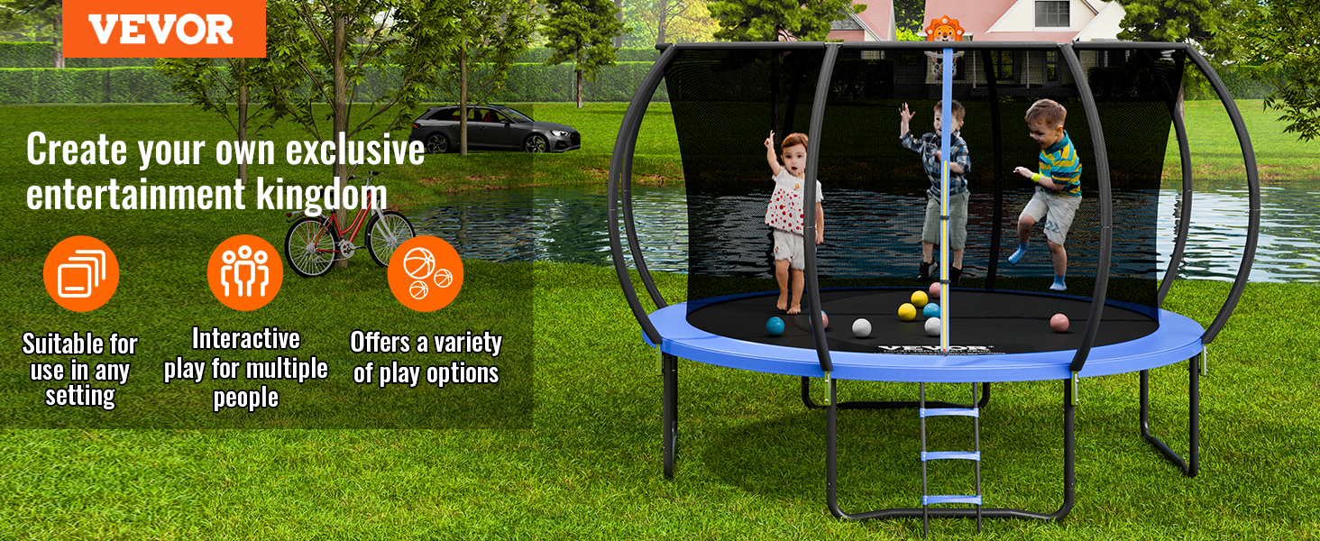VEVOR trampoline in a backyard setting with children playing, showcasing multiple play options.