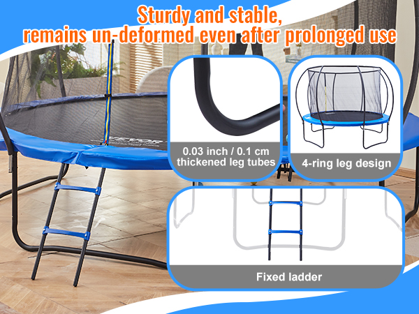 VEVOR trampoline, stable and sturdy with thickened leg tubes, 4-ring design, and fixed ladder.