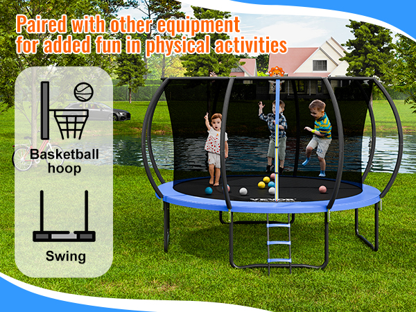 children playing on a VEVOR trampoline with balls, basketball hoop, and swing in a park setting.