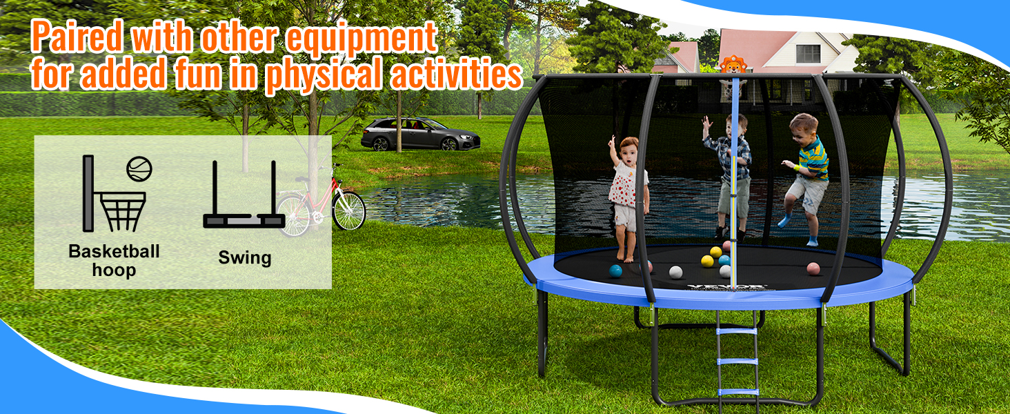 children playing on a VEVOR trampoline with balls, basketball hoop, and swing in a park setting.