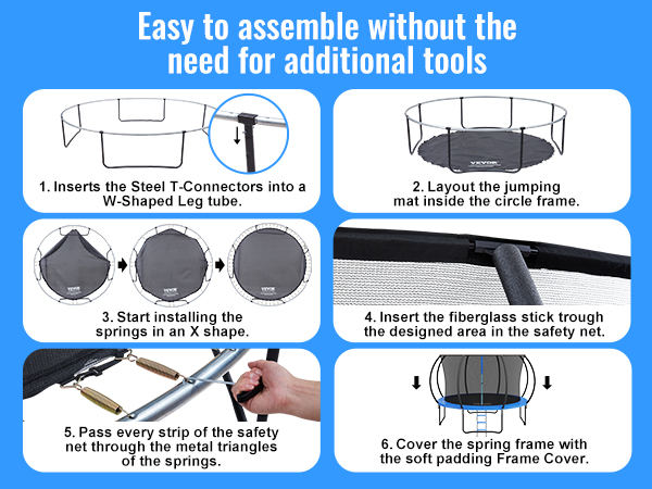 VEVOR trampoline assembly steps: connect t-connectors, layout mat, install springs, insert safety net, add padding.
