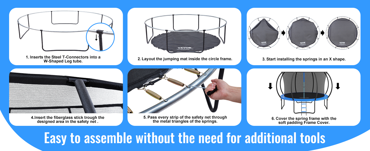 VEVOR trampoline assembly steps: connect t-connectors, layout mat, install springs, insert safety net, add padding.