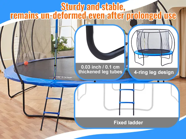 VEVOR trampoline with 4-ring leg design, thickened leg tubes, and fixed ladder for stability and durability.