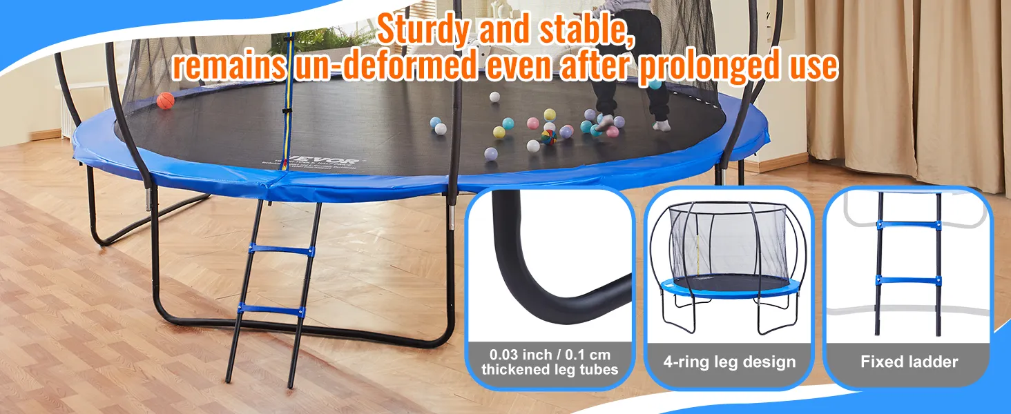 VEVOR trampoline with 4-ring leg design, thickened leg tubes, and fixed ladder for stability and durability.