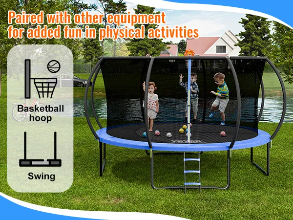 VEVOR trampoline set in a backyard with added basketball hoop and swing for enhanced fun.