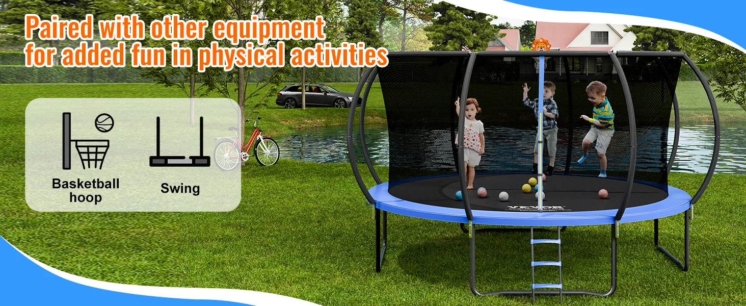 VEVOR trampoline set in a backyard with added basketball hoop and swing for enhanced fun.
