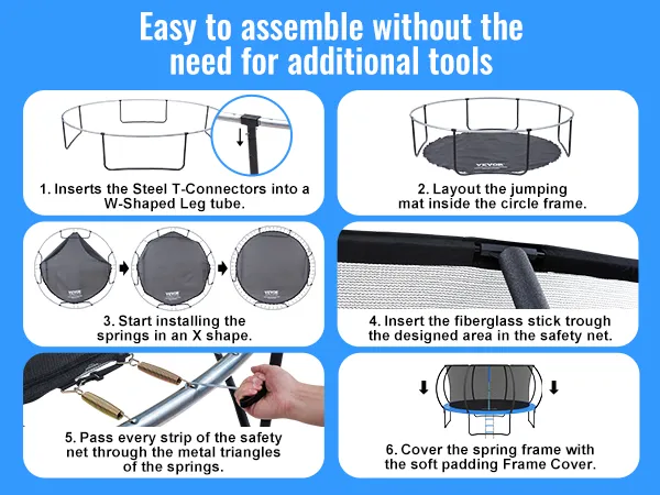 assembling a VEVOR trampoline with steps for frame, mat, springs, safety net, and padding cover.