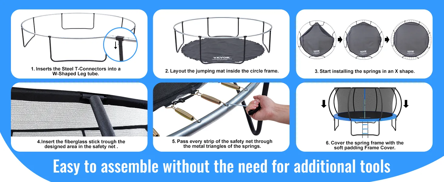 assembling a VEVOR trampoline with steps for frame, mat, springs, safety net, and padding cover.