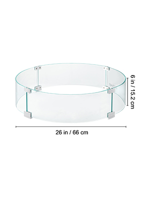 round glass VEVOR fire pit wind guard, 26in x 6in, transparent panels with metal clamps.