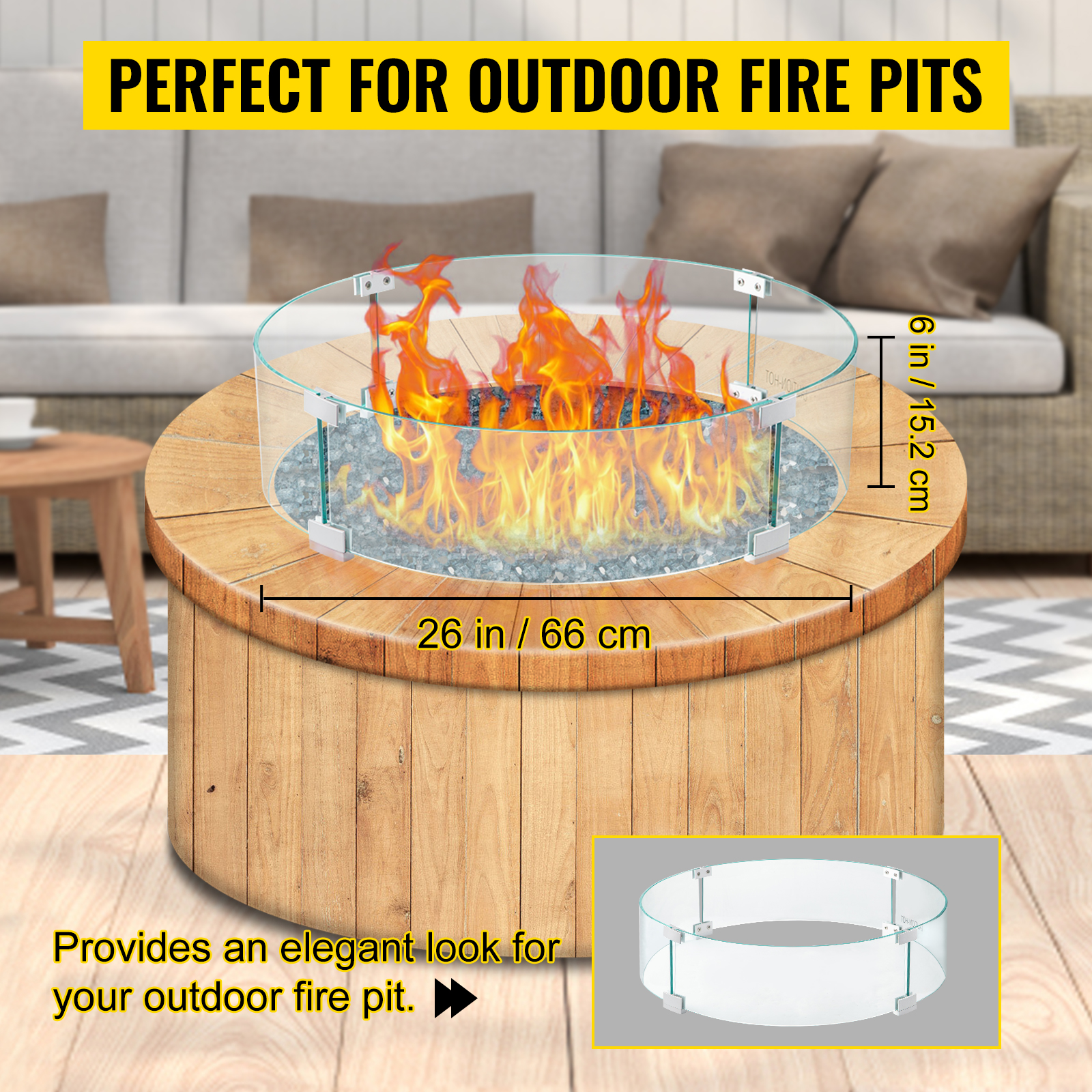 VEVOR fire pit wind guard on circular wooden fire pit table, measurements shown.
