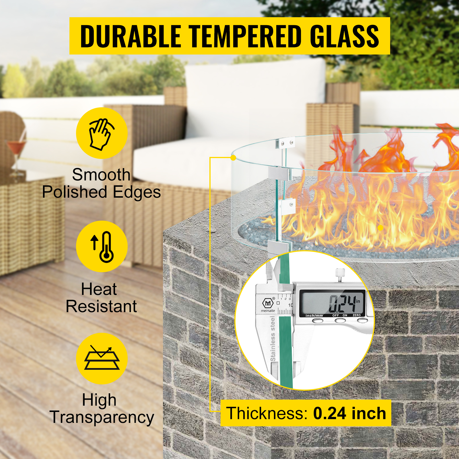 VEVOR fire pit wind guard with durable tempered glass and smooth polished edges.