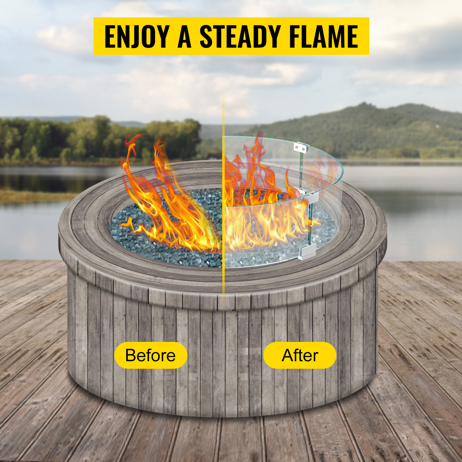 VEVOR fire pit wind guard enhances flame stability, shown before and after installation.