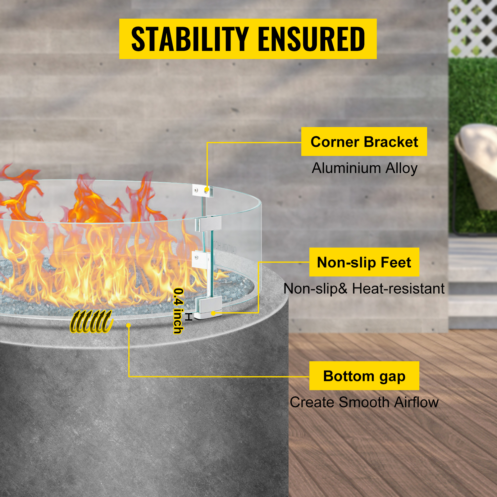 VEVOR fire pit wind guard with corner brackets, non-slip feet, and bottom gap for airflow.