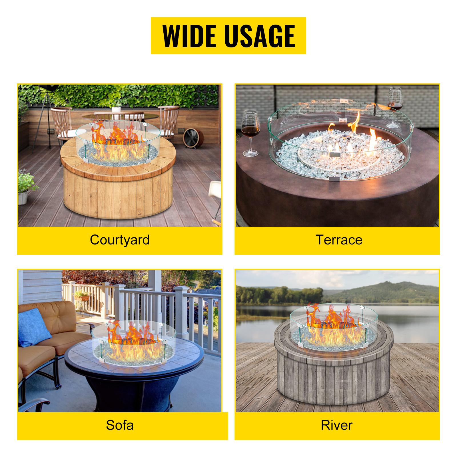 wide usage of VEVOR fire pit wind guard in courtyard, terrace, sofa, and river settings.