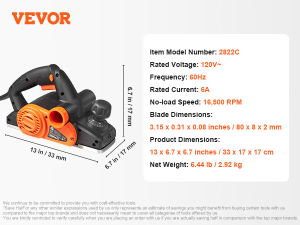 VEVOR electric hand planer, 8282c, 120v, 6a, 16,500 rpm, 13x6.7x6.7in, 80x8x2mm blade, 6.44lb.