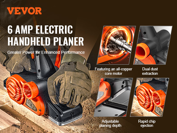 VEVOR electric hand planer with 6 amp motor, dual dust extraction, adjustable depth, rapid chip ejection.