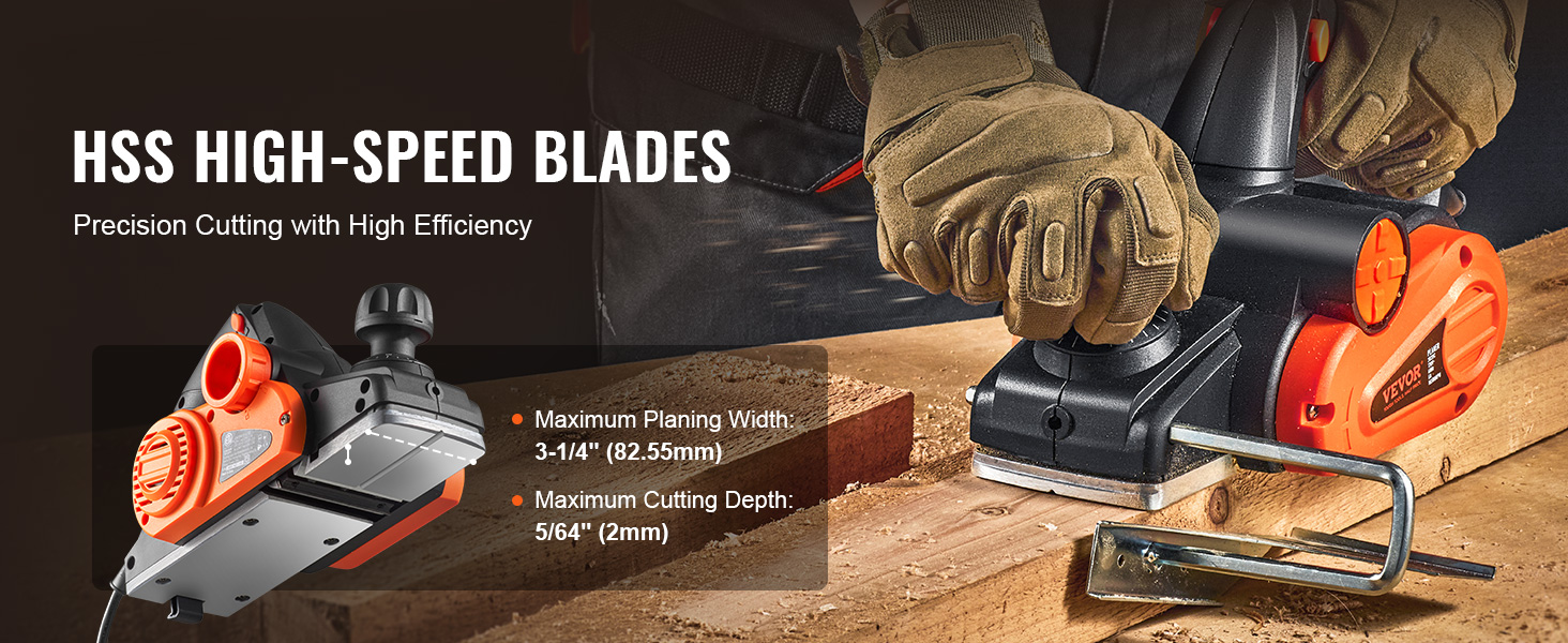 VEVOR electric hand planer with hss high-speed blades for precision cutting and high efficiency.