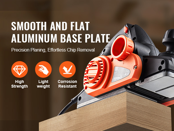 VEVOR electric hand planer with smooth aluminum base, high strength, lightweight, and corrosion resistance.
