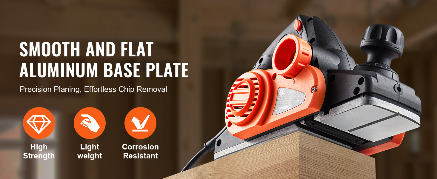 VEVOR electric hand planer with smooth aluminum base, high strength, lightweight, and corrosion resistance.