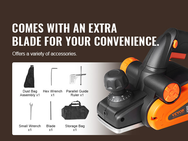 VEVOR electric hand planer with extra blade and accessories including dust bag and storage bag.