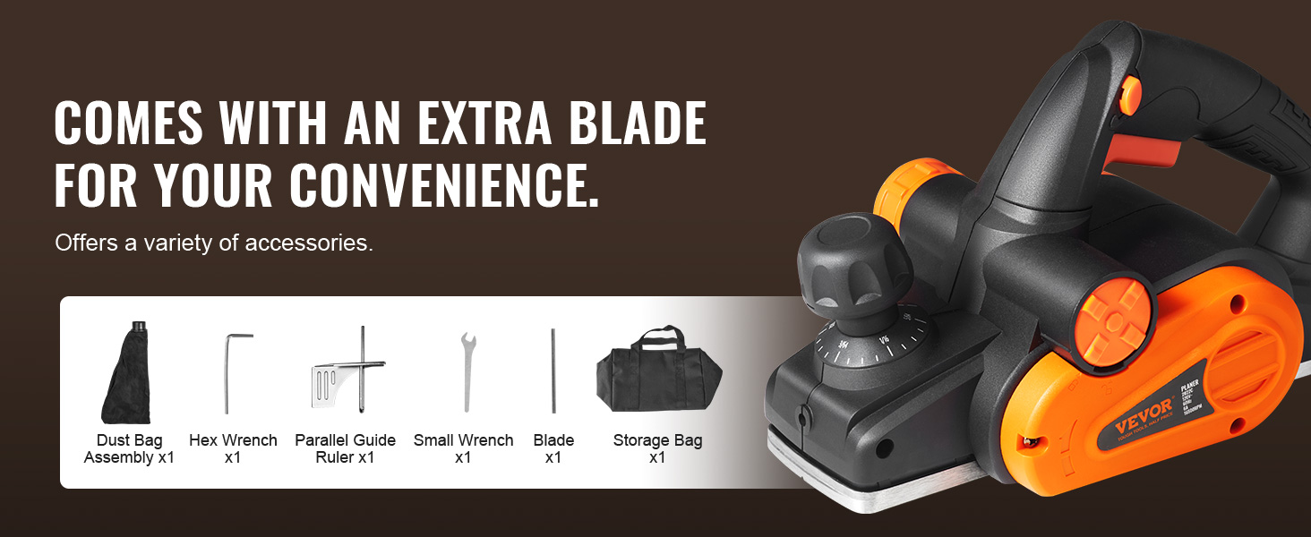 VEVOR electric hand planer with extra blade and accessories including dust bag and storage bag.