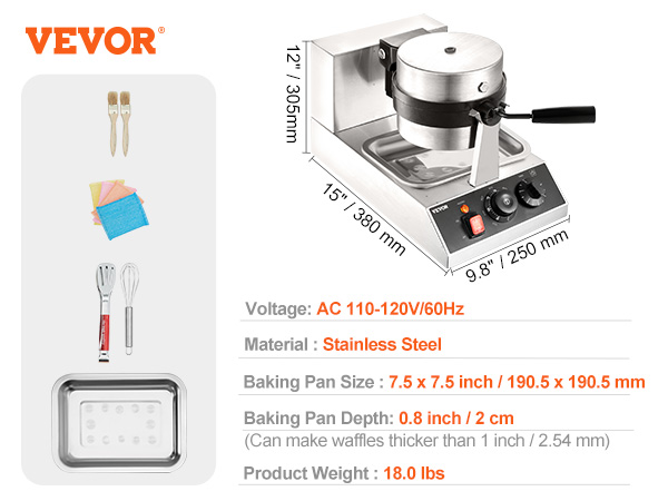 VEVOR waffle maker with stainless steel body, dimensions, voltage, and accessories including brushes and sponges.