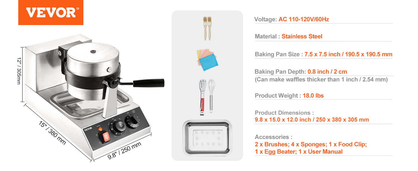 VEVOR waffle maker with stainless steel body, dimensions, voltage, and accessories including brushes and sponges.