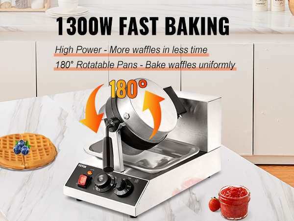 VEVOR waffle maker - 1300w fast baking with 180° rotatable pans for uniform waffle cooking.