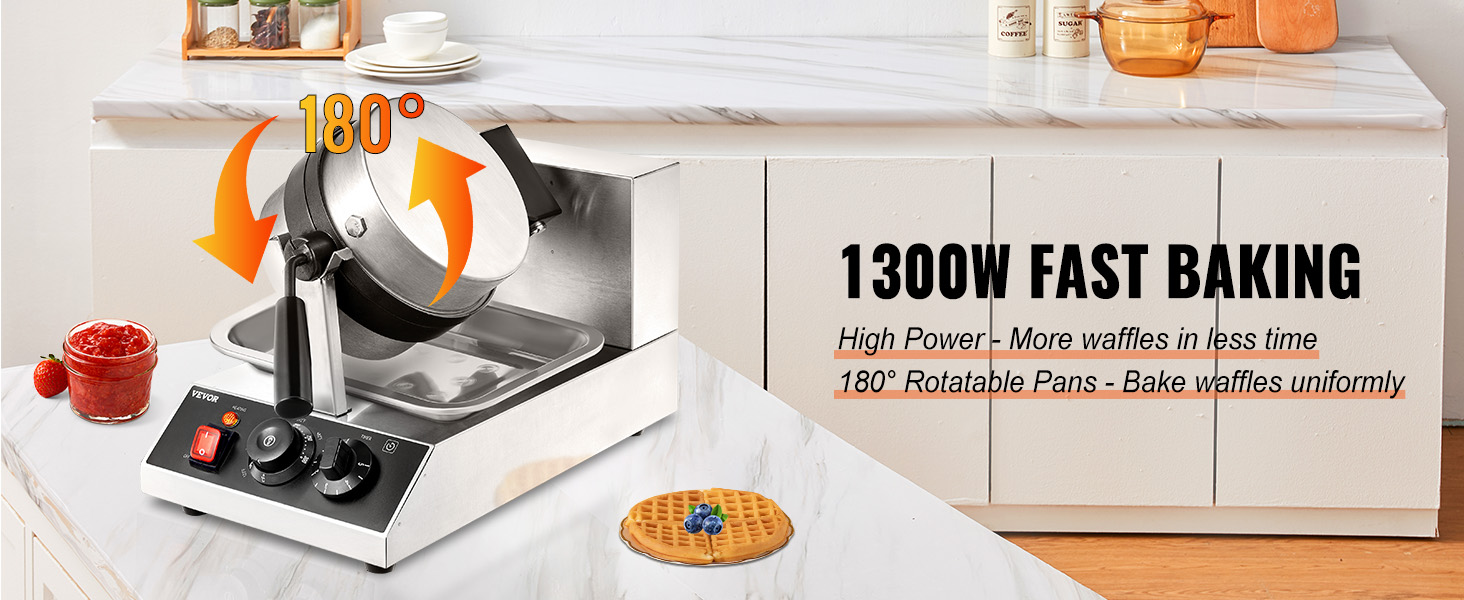 VEVOR waffle maker - 1300w fast baking with 180° rotatable pans for uniform waffle cooking.