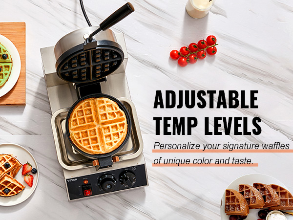 VEVOR waffle maker with adjustable temp levels, surrounded by waffles and fresh fruit toppings.