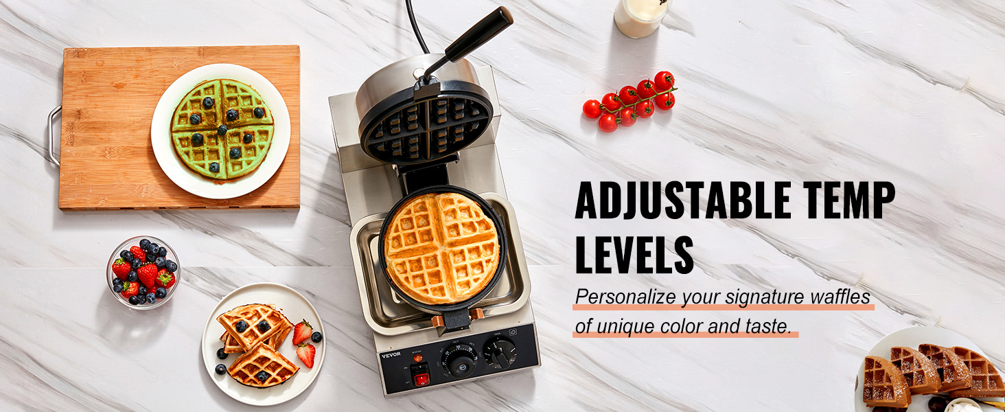VEVOR waffle maker with adjustable temp levels, surrounded by waffles and fresh fruit toppings.