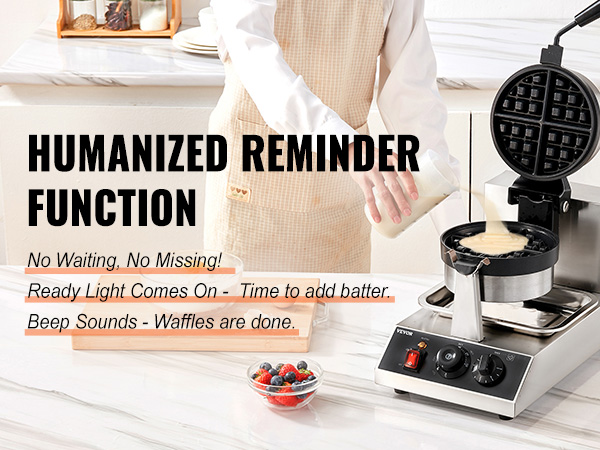 person pouring batter into a VEVOR waffle maker with text highlighting humanized reminder function.