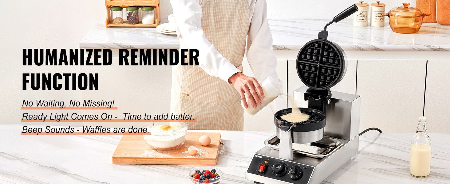 person pouring batter into a VEVOR waffle maker with text highlighting humanized reminder function.
