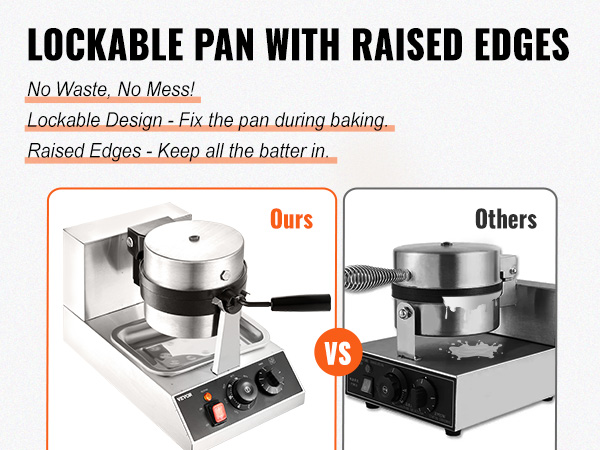 VEVOR waffle maker with lockable pan featuring raised edges for no mess baking compared to others.