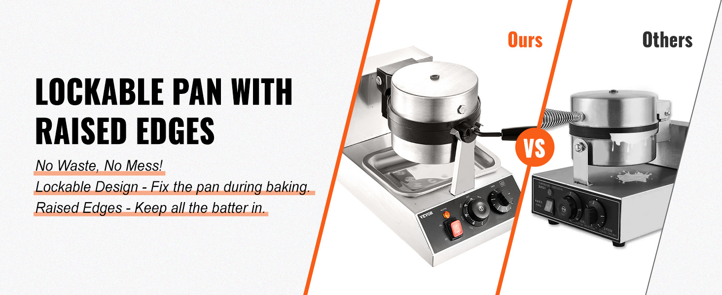 VEVOR waffle maker with lockable pan featuring raised edges for no mess baking compared to others.