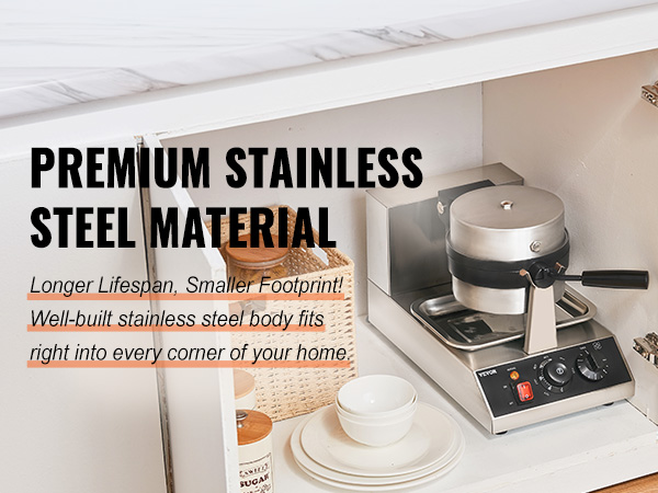 VEVOR waffle maker on a kitchen counter, showing stainless steel material and compact design.