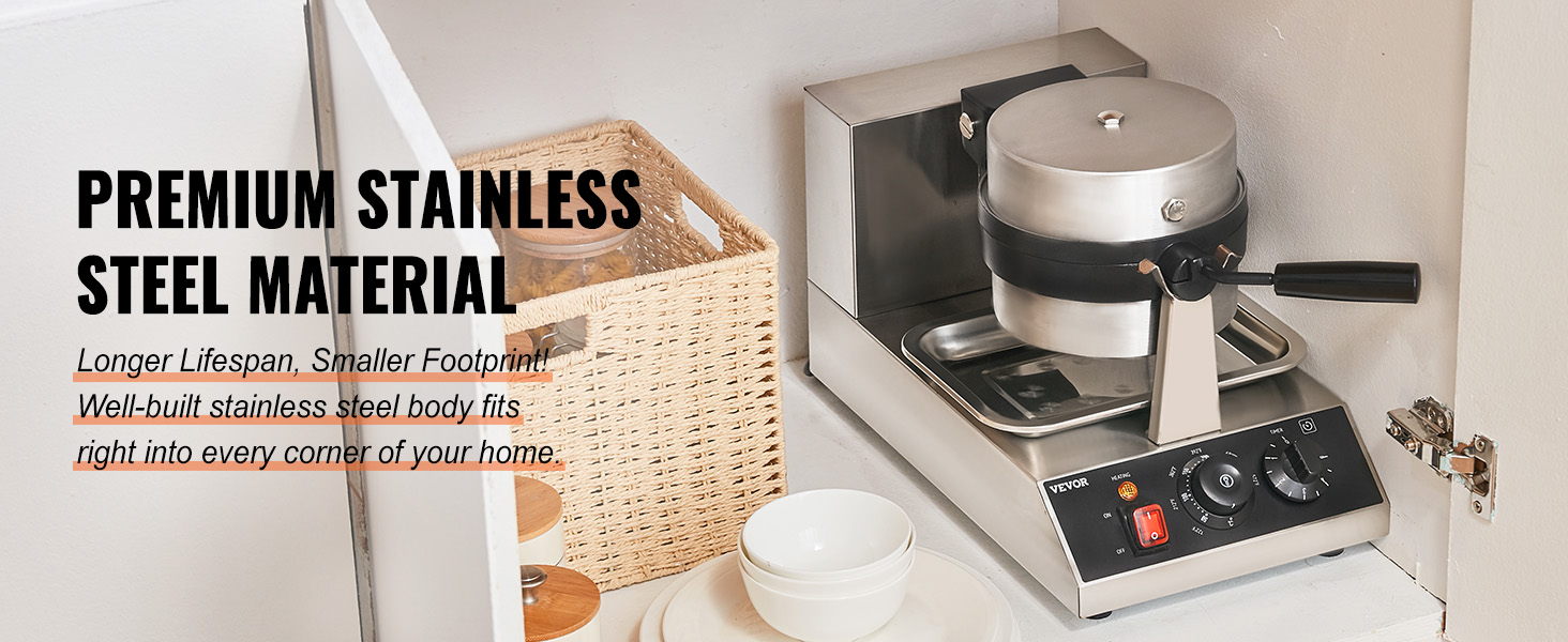 VEVOR waffle maker on a kitchen counter, showing stainless steel material and compact design.