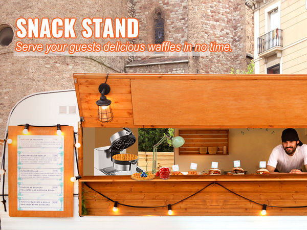snack stand serving waffles made with VEVOR waffle maker, menu board on the left, street view backdrop.