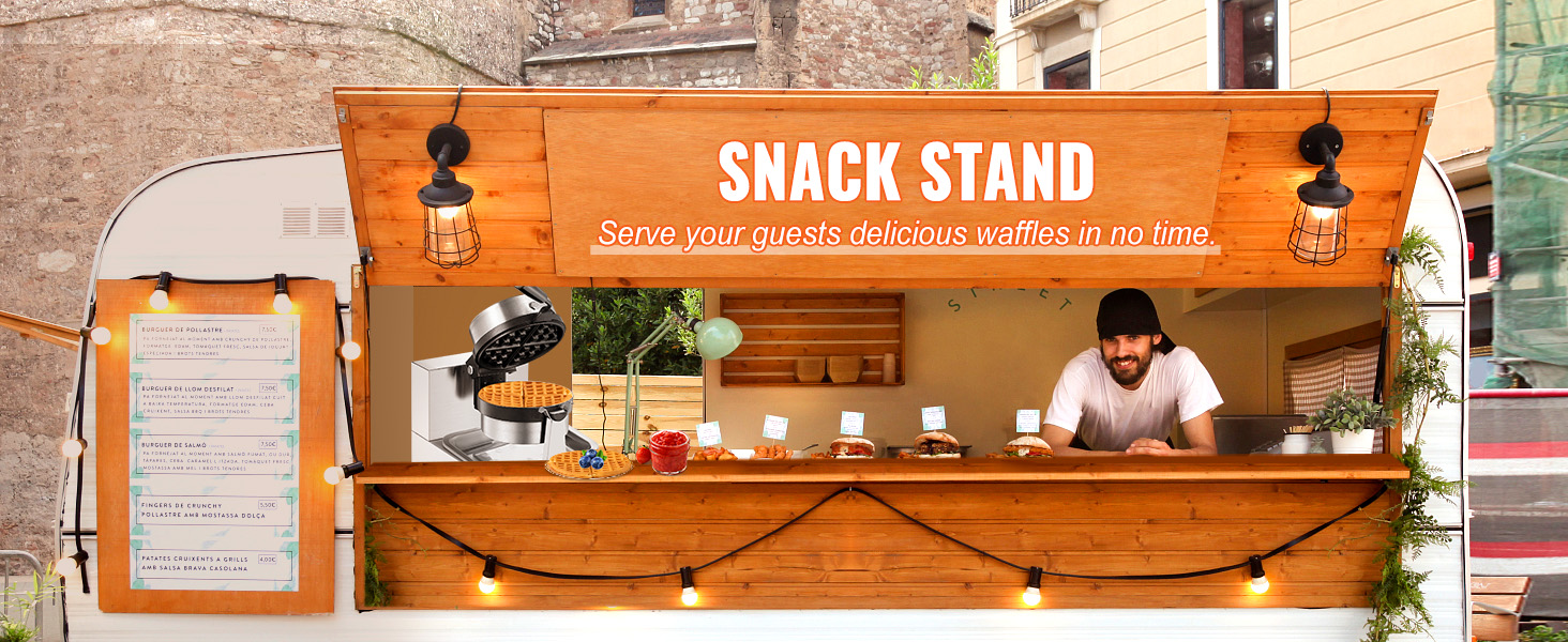 snack stand serving waffles made with VEVOR waffle maker, menu board on the left, street view backdrop.