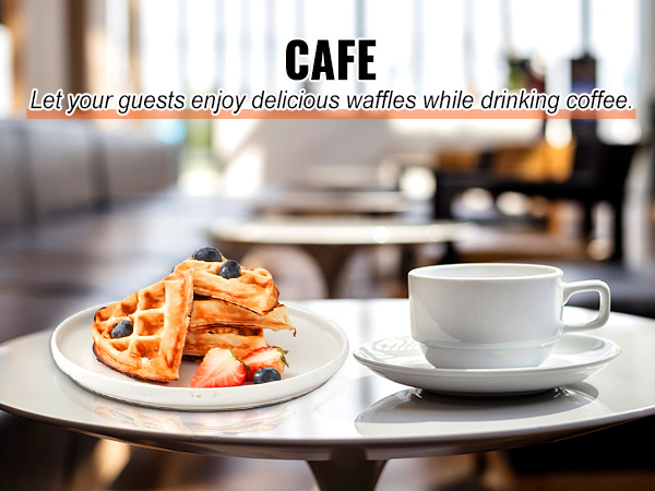 café with waffles on a plate, fresh berries, and a coffee cup on a table. ideal for VEVOR waffle maker.