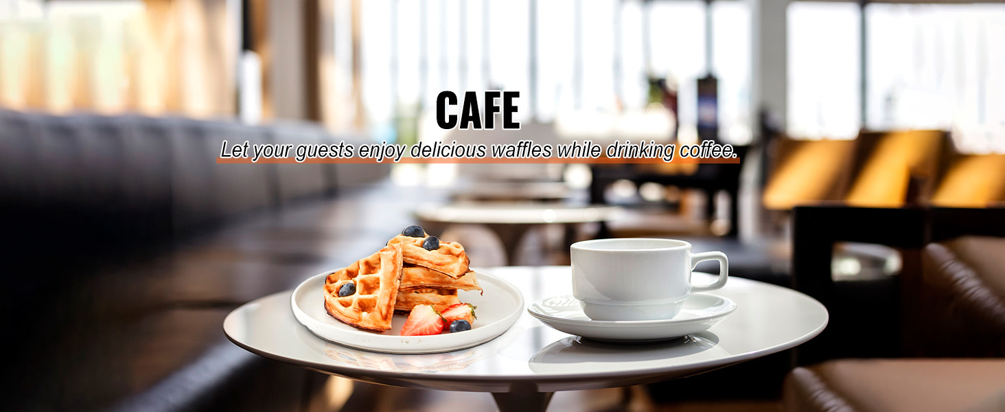 café with waffles on a plate, fresh berries, and a coffee cup on a table. ideal for VEVOR waffle maker.
