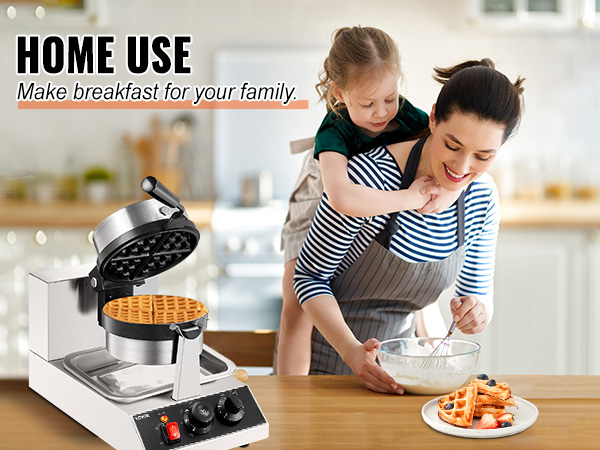 VEVOR waffle maker in a family kitchen setting with a woman preparing batter and waffles on a plate.
