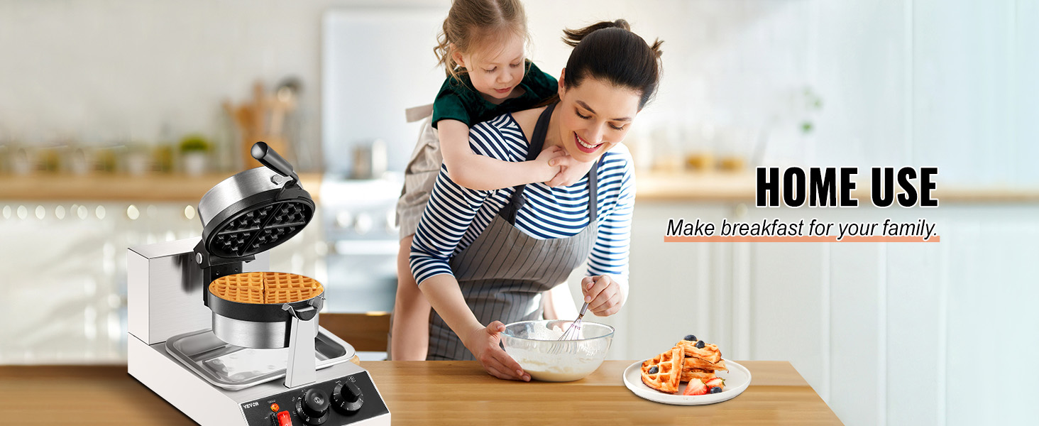 VEVOR waffle maker in a family kitchen setting with a woman preparing batter and waffles on a plate.